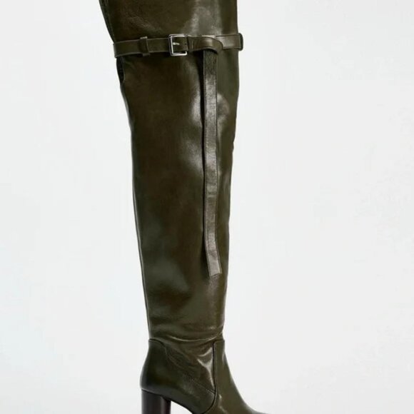 ZARA HEELED LEATHER KNEE HIGH BOOTS - Picture 1 of 6